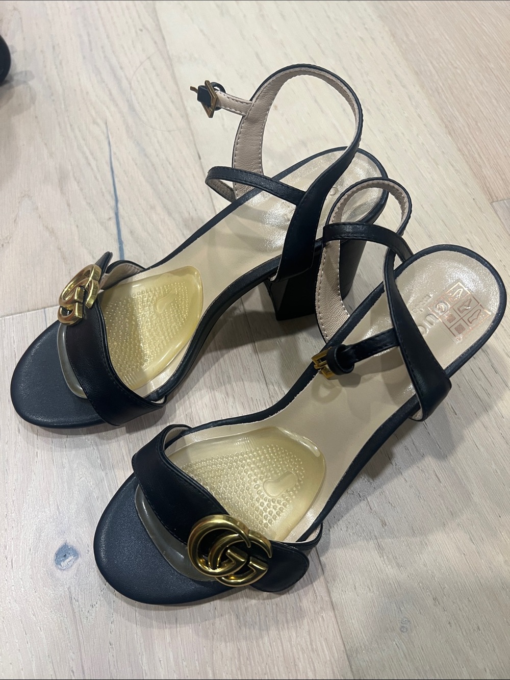 Black Leather Slingback Heeled Sandals with Gold Accent
